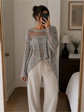 Theory White Open-Knit Crochet Sweater, Size XS, Preloved